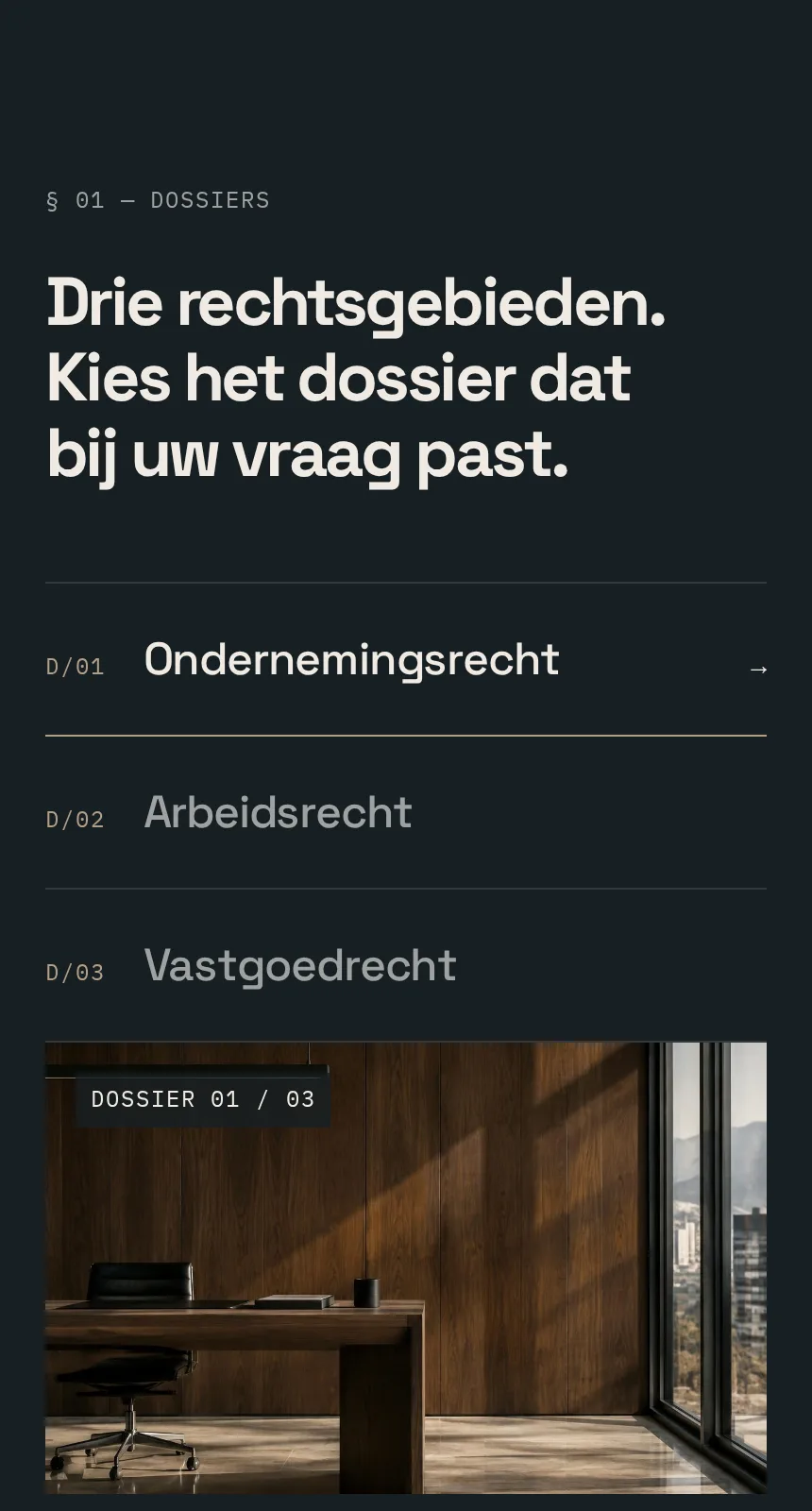 Mobiele weergave van de drie rechtsgebieden van B. Advocaten met interactieve dossierkeuze