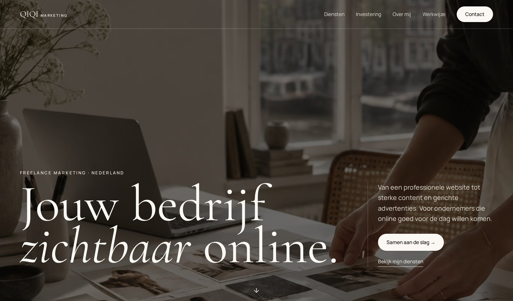 Voorbeeld van de QIQI Marketing-website op desktop