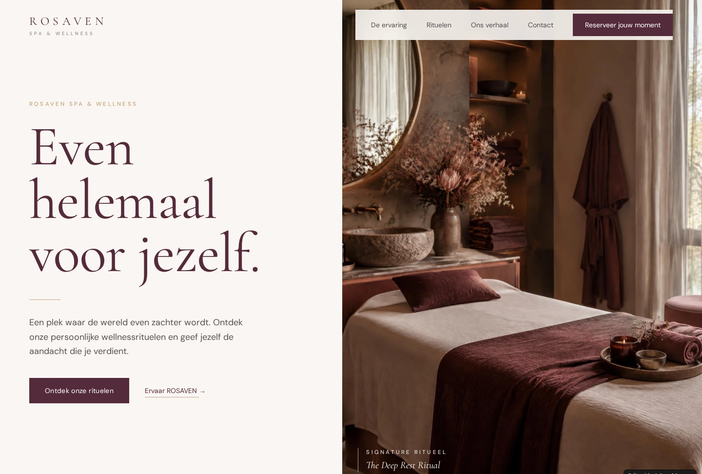 Homepage van ROSAVEN met wellnessfotografie en bordeauxrode seriftypografie