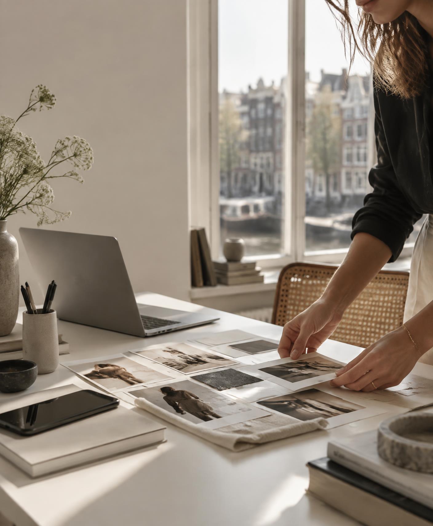 Creatieve werkplek met moodboard voor QIQI Marketing
